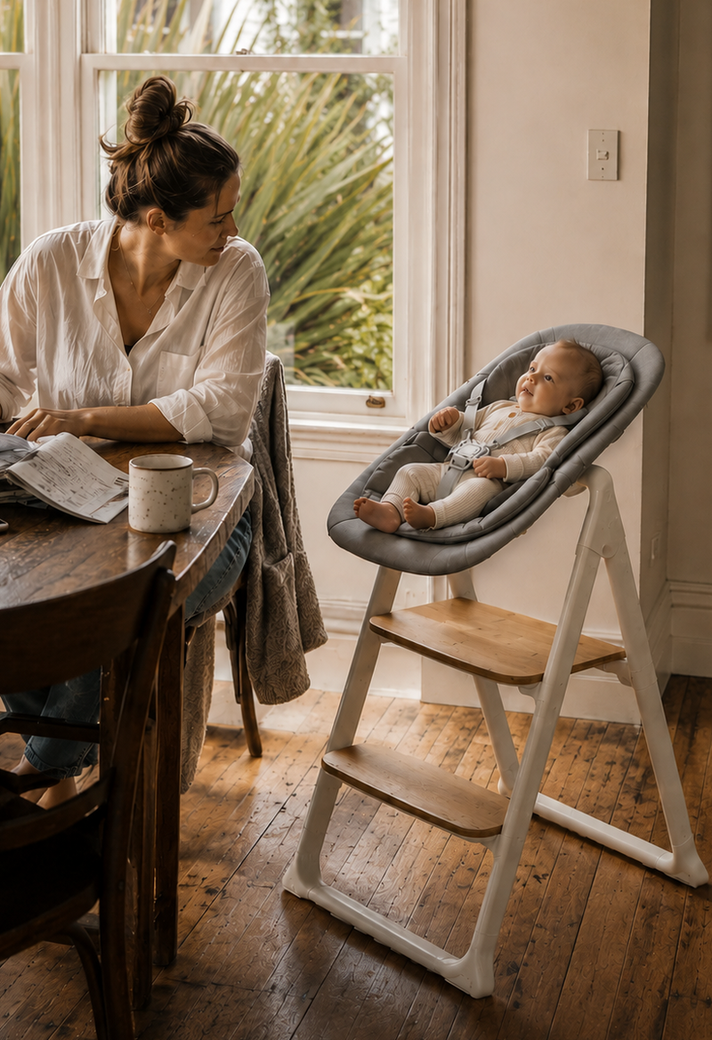 Baby secured in the grey Alto Newborn Seat on the white highchair frame beside a parent at the dining table.