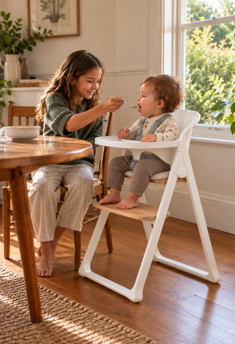 Older sibling spoon-feeding a toddler in the white Alto highchair with patterned seat cushion, grey harness and feet supported on the wooden footplate.