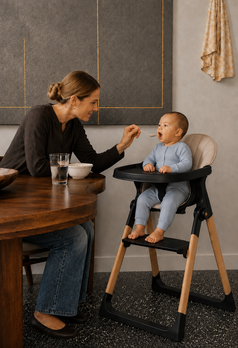 Parent spoon-feeding a baby in the black Luna highchair with cushion and tray, with feet resting on the footrest.