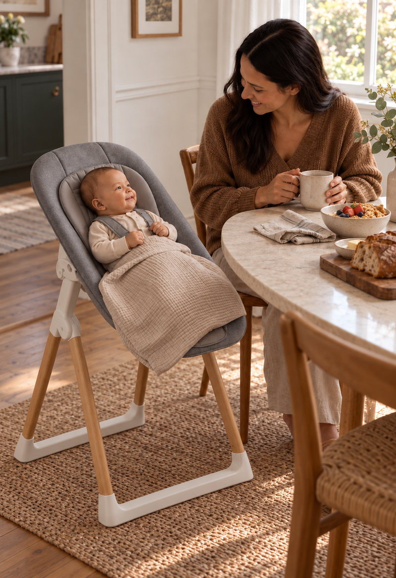 Baby in the grey Luna Newborn Seat attached to the white highchair frame beside a parent at the dining table.