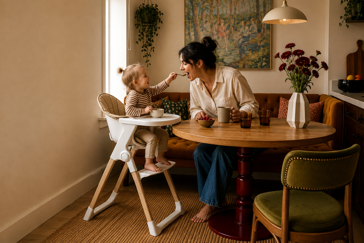 Toddler offering a spoonful of food to a parent from the white Luna highchair with cushion and tray, with feet resting on the footrest beside a dining table.