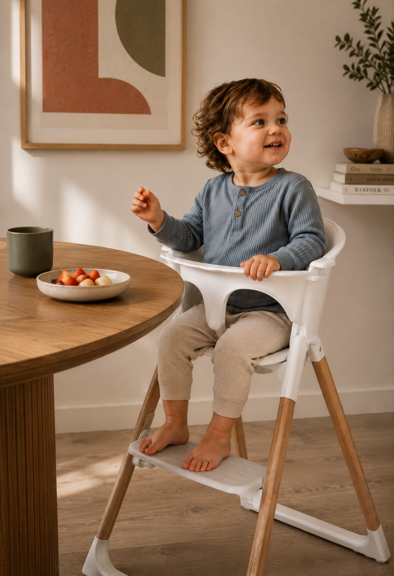 Toddler seated at a dining table in the white Luna chair with cushion and toddler safety rail, with feet supported on the footrest.